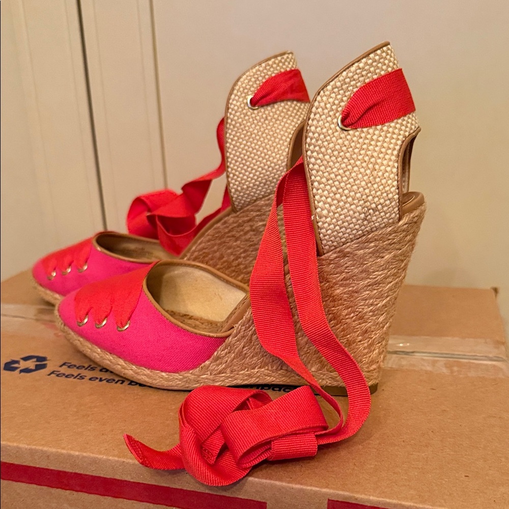 LOFT Red and Tan Espadrille Wedges